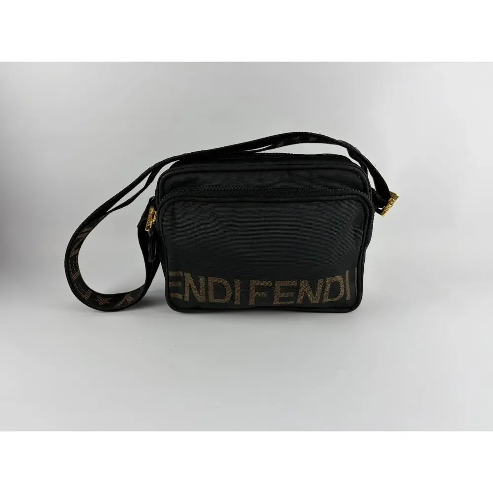 Fendi Vintage Logo Nylon Camera Bag Black Brown Crossbody Gold Hardware 90s